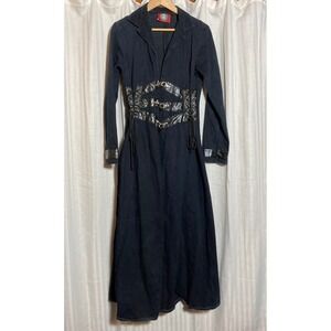 Redballs On Fire Black Denim Gothic Corset Trench Coat Metal Clasps Punk M *Read